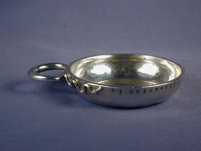 Louis XV provincial silver wine taster by Olivier Destriche, Angers 1744. Snake handle and engraved M.David p.ur. | MasterArt